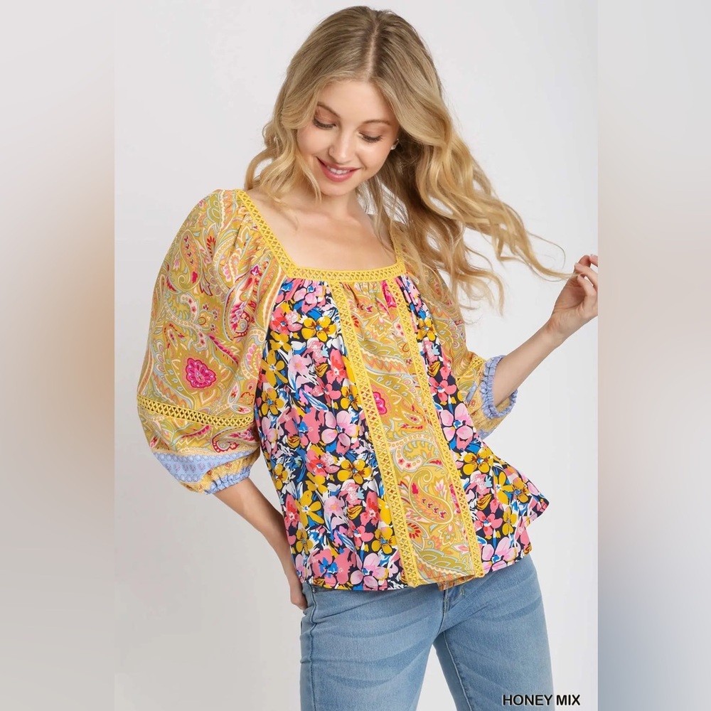 Umgee Yellow and Pink Floral Blouse